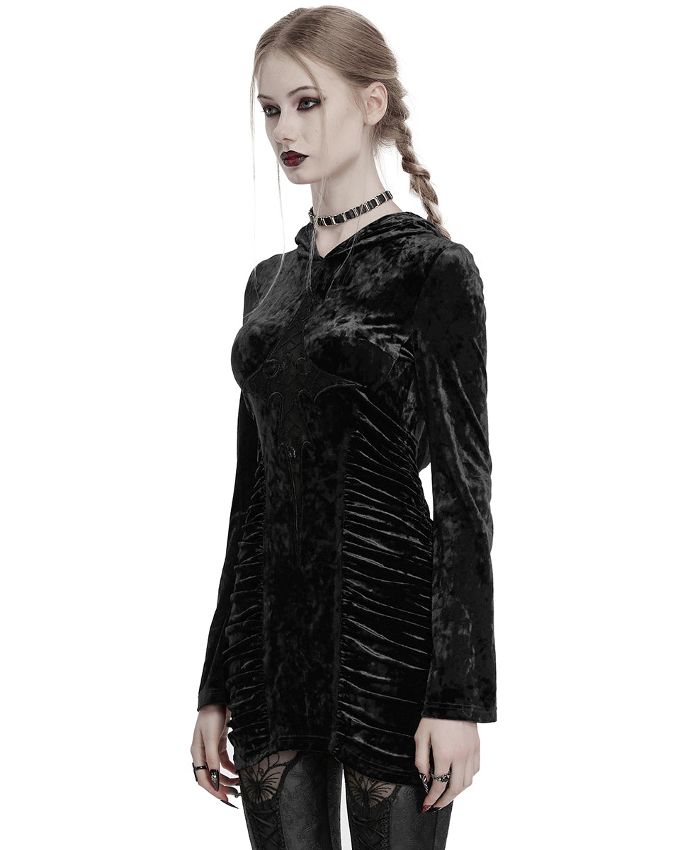 OQ-840LQF Daily Life Womens Dark Gothic Lace Crucifix Hooded Bodycon Dress