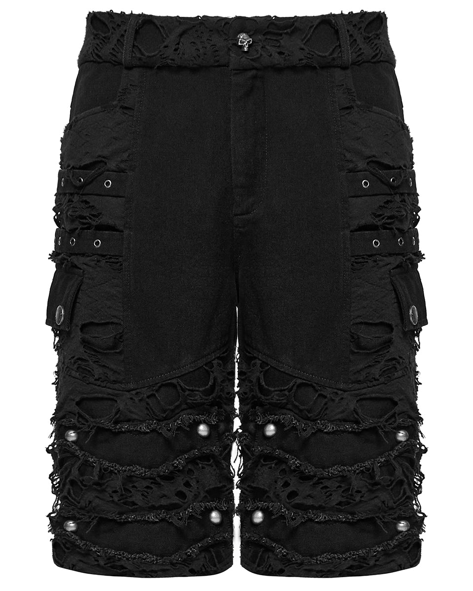 WK-733XDM-BKM Mens Apocalyptic Punk Studded & Shredded Cutoff Shorts