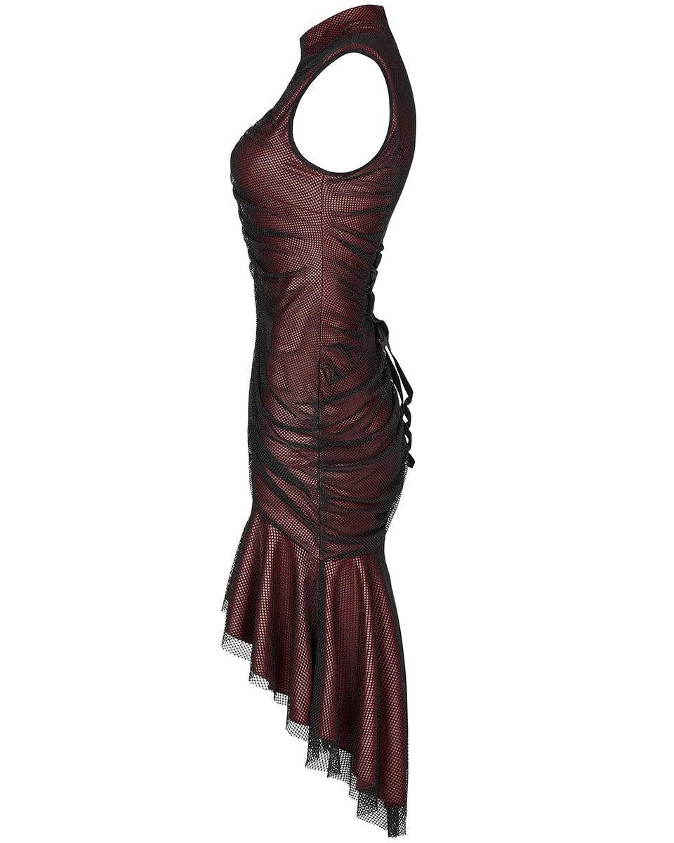 WQ-607 Dark Gothic Coffin Stone Fishnet Ruching Dress - Red & Black