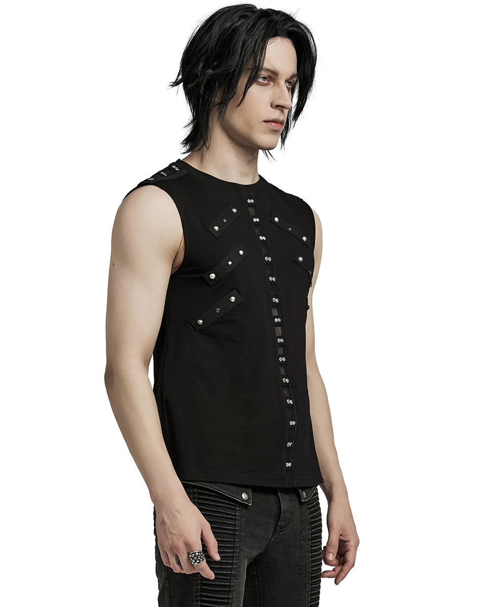 WT-899BXM-BKM Mens Dark Punk Studded Mesh Inset Tank Top Vest