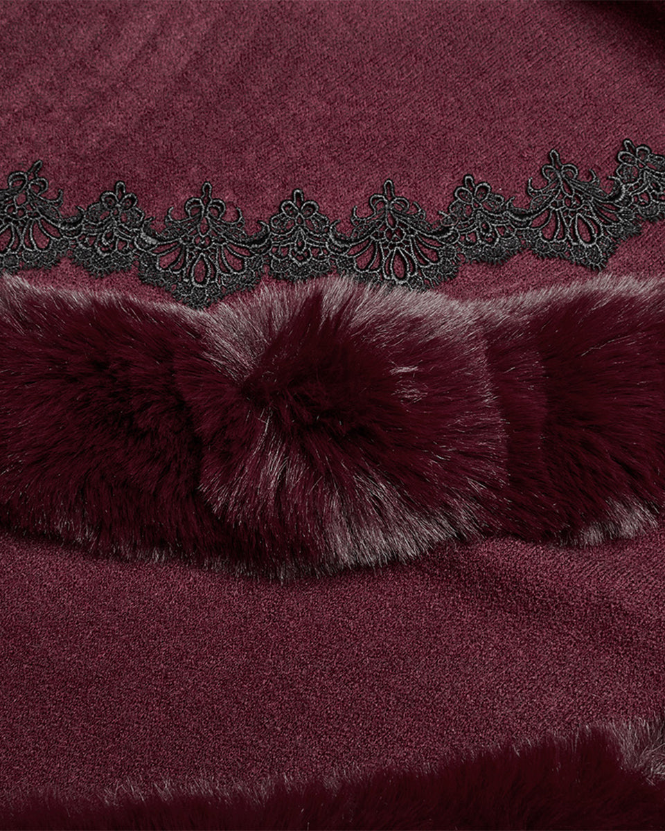 OM-092HMF Daily Life Womens Plush & Faux Fur Hooded Winter Cloak - Red