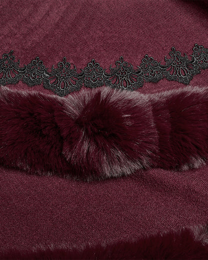 OM-092HMF Daily Life Womens Plush & Faux Fur Hooded Winter Cloak - Red