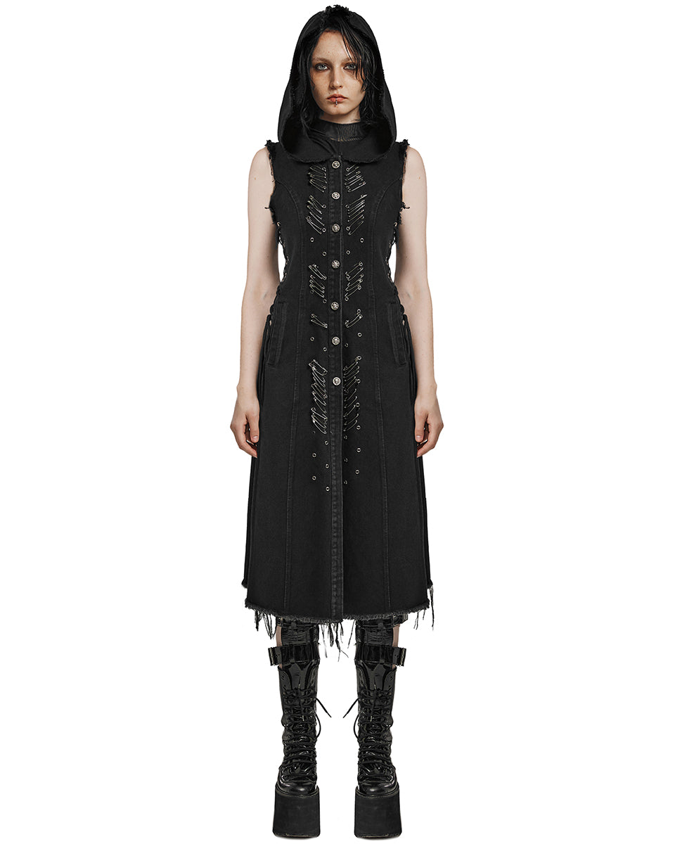 WY-1574MJF Womens Apocalyptic Wasteland Punk Long Hooded Sleeveless Vest Jacket