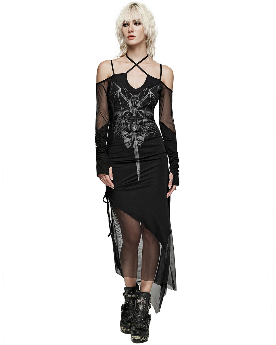 PR-WQ-654LQF-BKF Womens Demonica Printed Gothic Mesh Dress