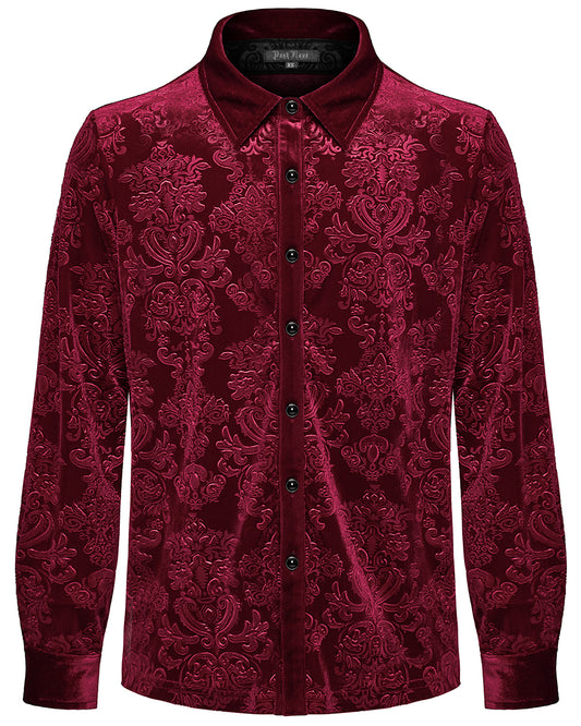 WY-1541CCM-RDM Mens Gothic Aristocrat Embossed Velvet Damask Shirt - Red