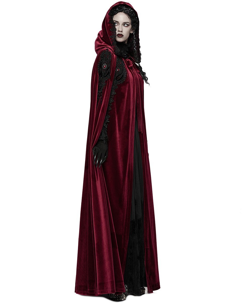 WY-1824DPF Womens Long Gothic Velvet & Lace Applique Hooded Cloak - Red & Black