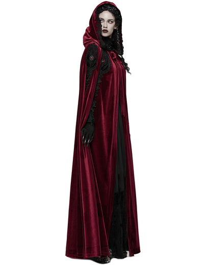 WY-1824DPF Womens Long Gothic Velvet & Lace Applique Hooded Cloak - Red & Black