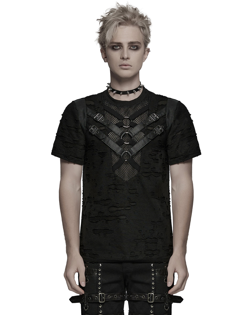 WT-1005TDM-BKM Mens Apocalyptic Gothic Shredded Fishnet Inset T Shirt Top