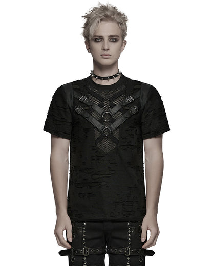 WT-1005TDM-BKM Mens Apocalyptic Gothic Shredded Fishnet Inset T Shirt Top