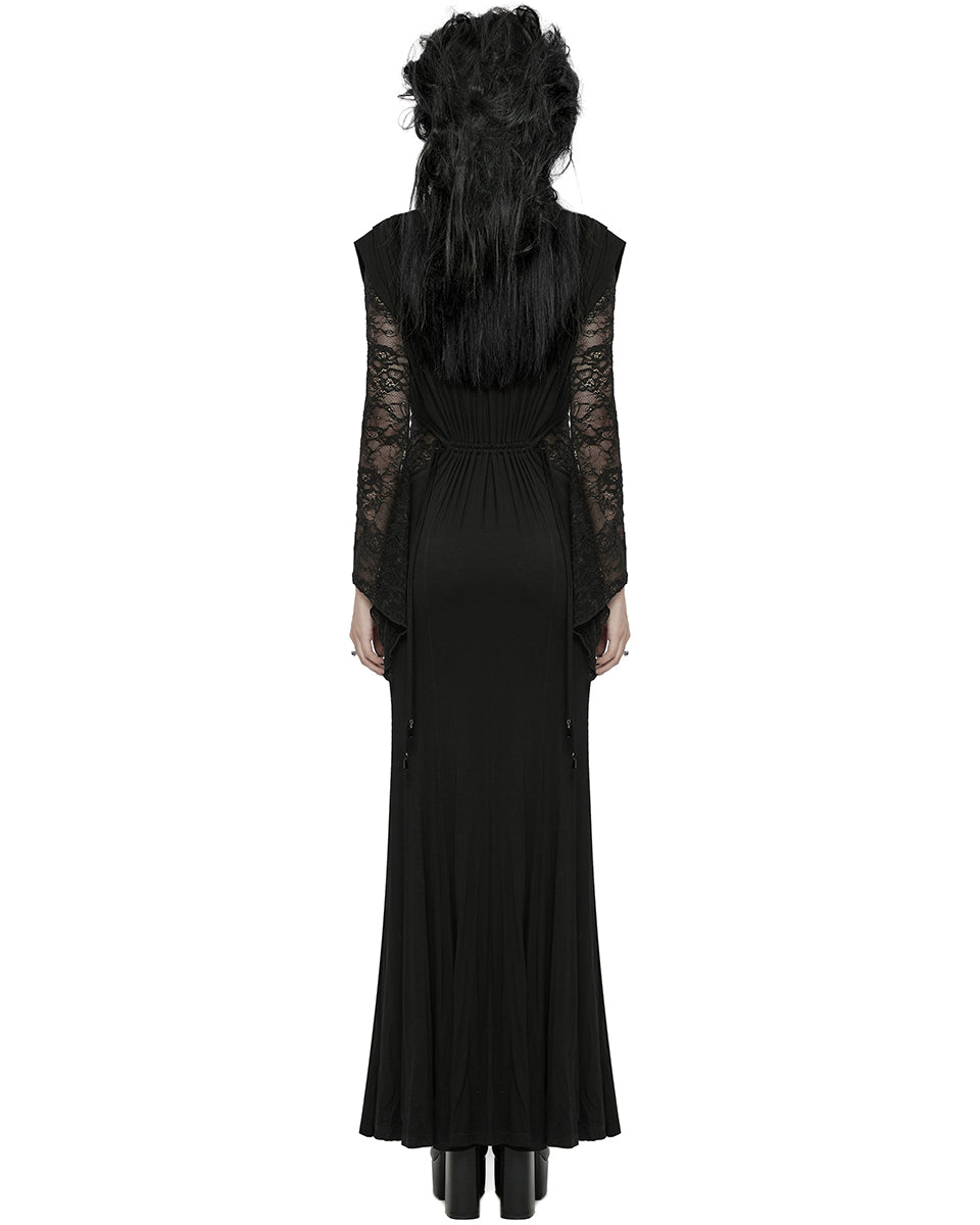 WQ-759LQF Womens Long Gothic Lace Sleeves Ruched Maxi Dress