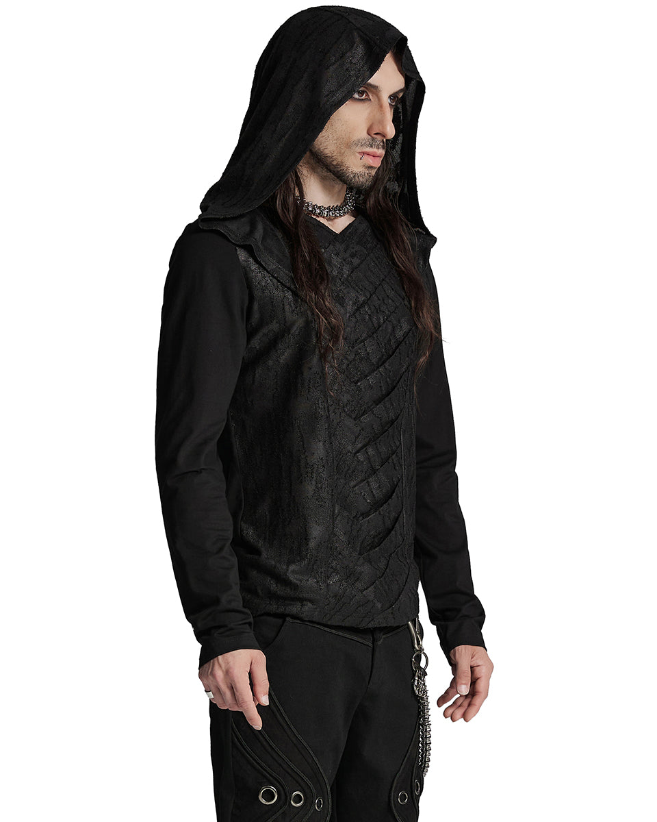 WT-937TCM Mens Apocalyptic Punk Broken Knit Patchwork Hooded Top