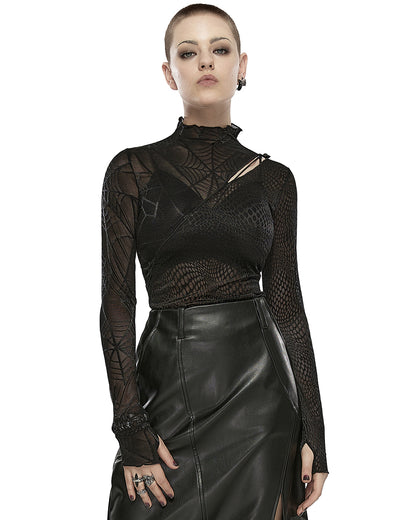 OPT-857 Daily Life Womens Asymmetric Spliced Gothic Spiderweb Top