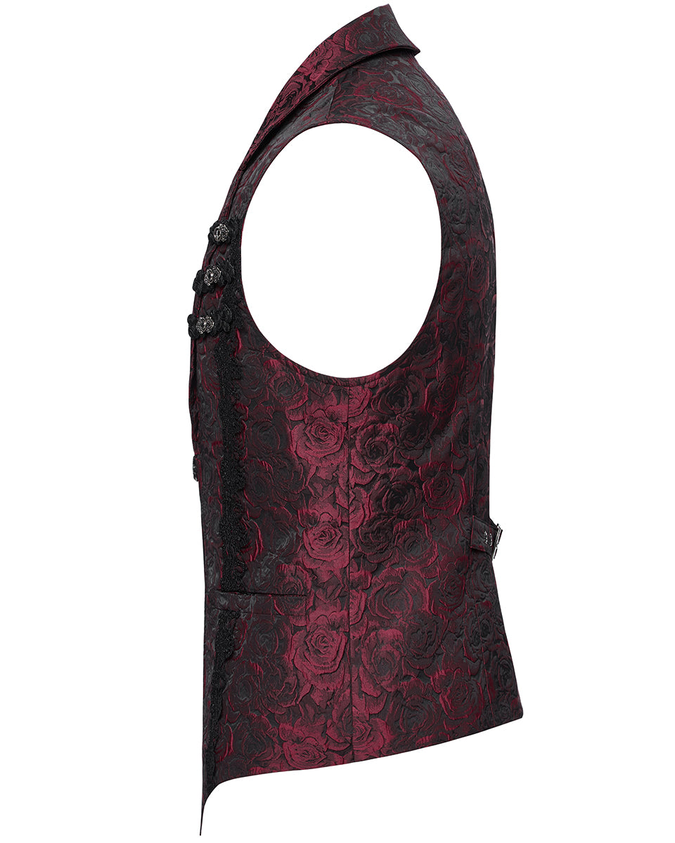 WY-1677MJM-RDM Mens Gothic Jacquard Rose Lace Applique Waistcoat Vest - Red