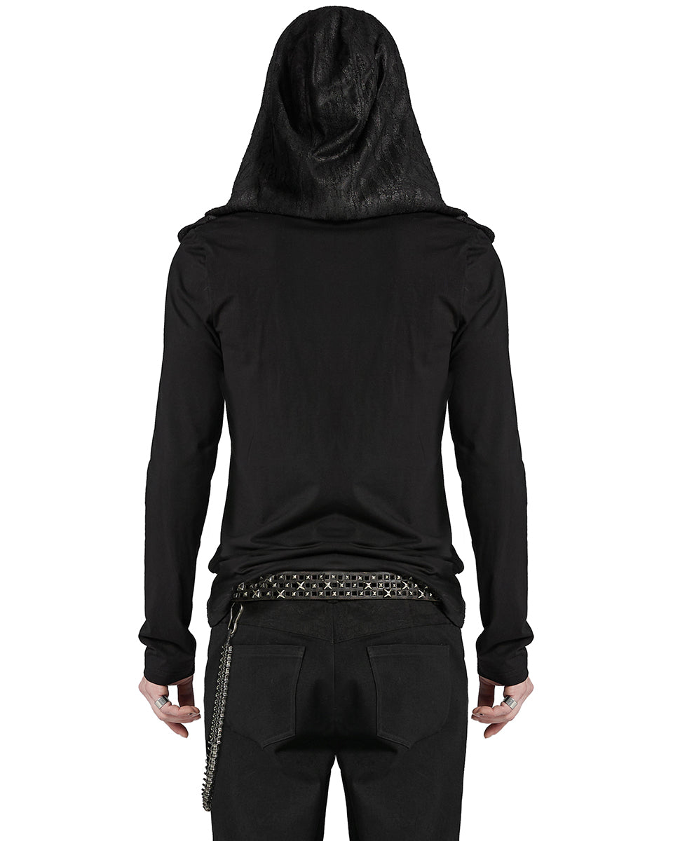 WT-937TCM Mens Apocalyptic Punk Broken Knit Patchwork Hooded Top