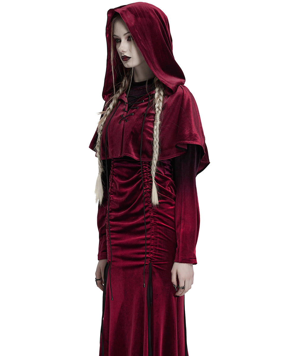 OPY-444DQF Daily Life Womens Velvet Gothic Lolita Hooded Split Tails Bolero Cape - Red