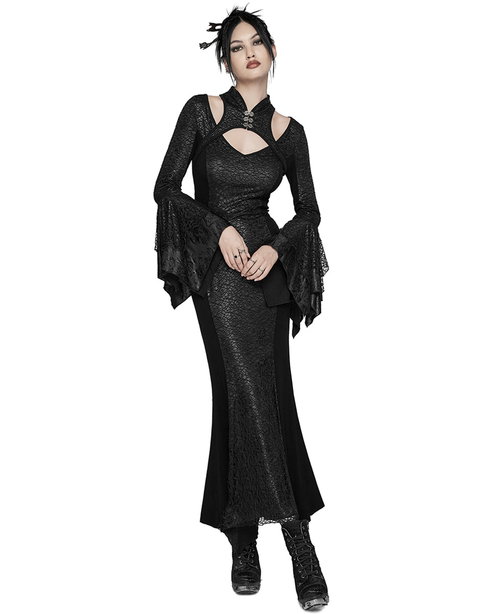 WQ-772LQF Womens Long Gothic Fitted Maxi Dress With Mesh Contrast - Black