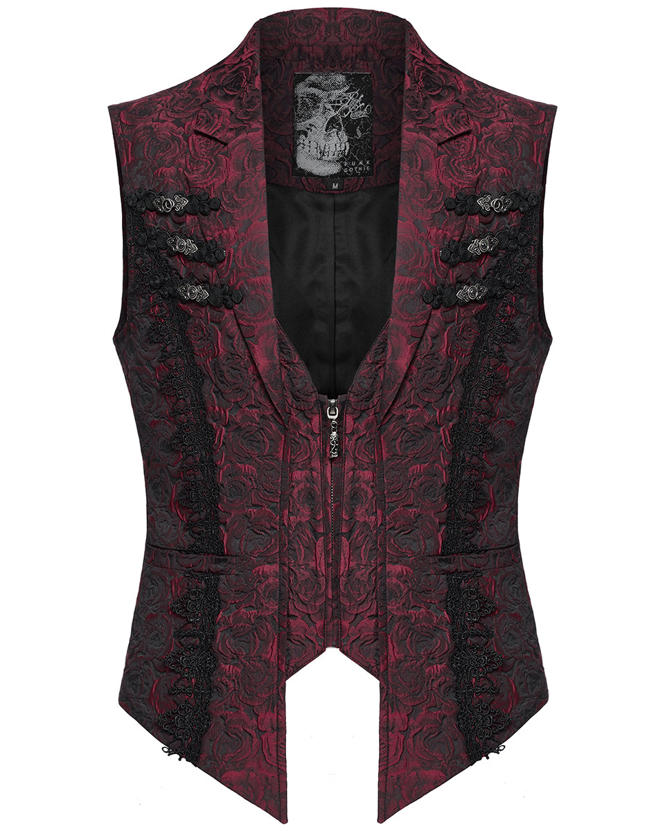 WY-1677MJM-RDM Mens Gothic Jacquard Rose Lace Applique Waistcoat Vest - Red