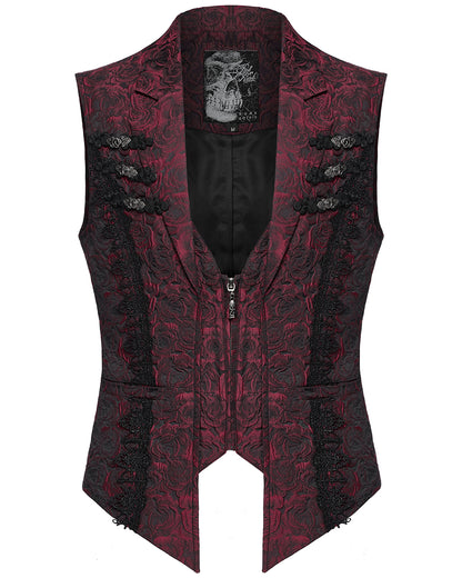 WY-1677MJM-RDM Mens Gothic Jacquard Rose Lace Applique Waistcoat Vest - Red