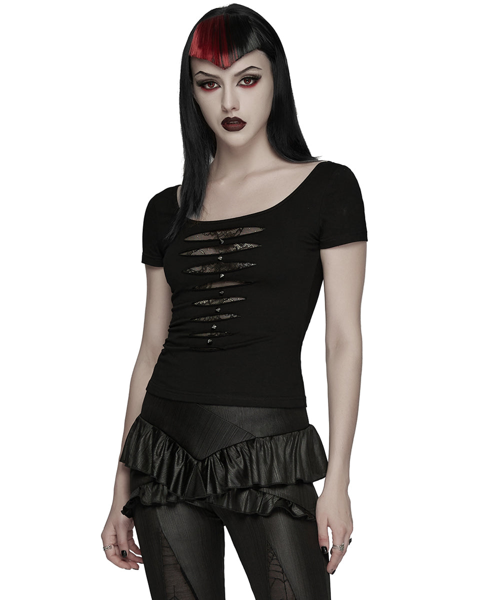 WT-1081TDF Womens Gothic Studded & Slashed Mesh Inset Tee