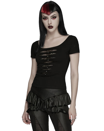 WT-1081TDF Womens Gothic Studded & Slashed Mesh Inset Tee