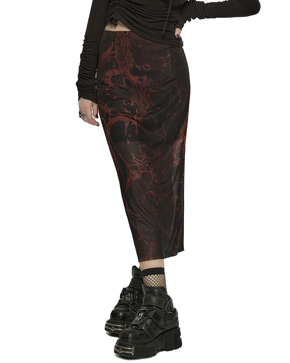 OPQ-1401 Daily Life Womens Cyberpunk Layered Gauze Midi Skirt - Black & Red