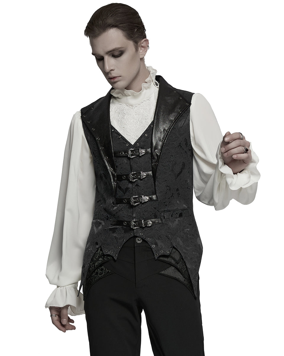WY-1765MJM-BKM Mens Dark Victorian Gothic Damask Jacquard Waistcoat Vest - Black