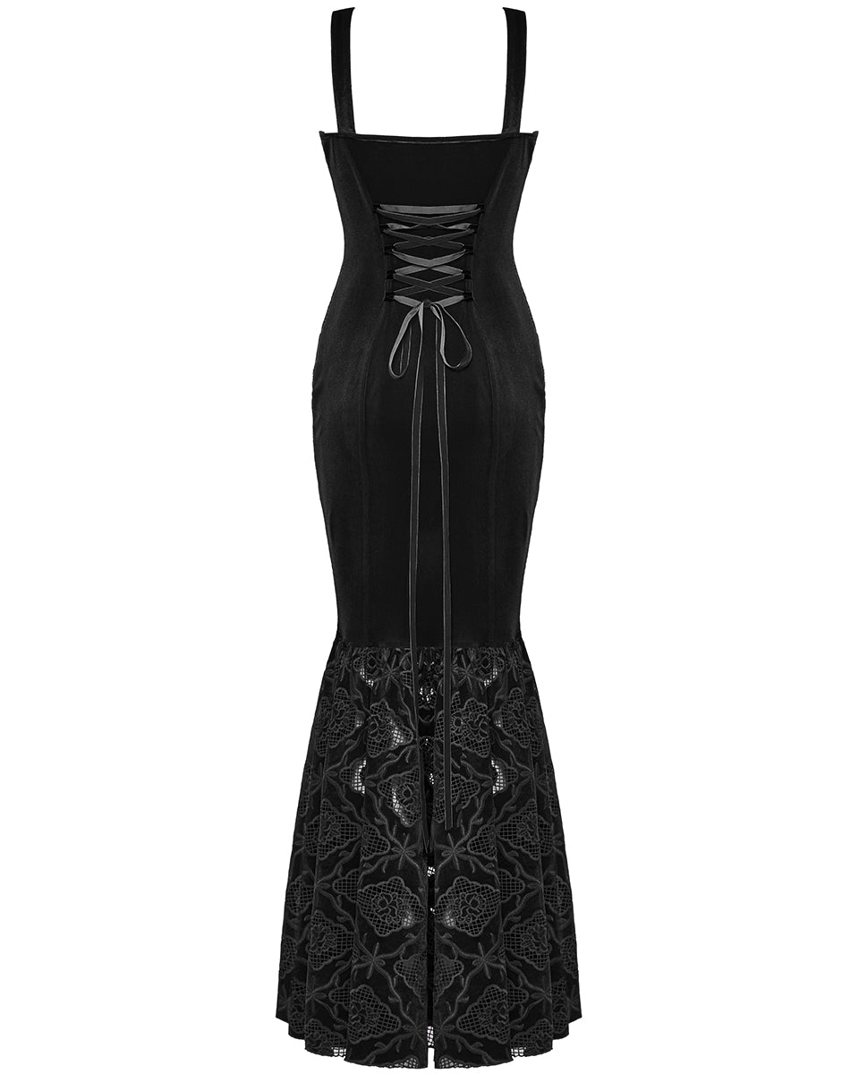 WQ-837LQF Womens Long Gothic Velvet Lace Applique Cutout Dress - Black