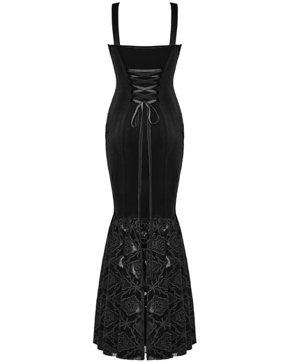 WQ-837LQF Womens Long Gothic Velvet Lace Applique Cutout Dress - Black