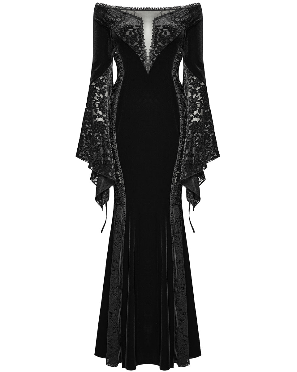 WQ-761LQF Womens Long Gothic Off Shoulder Maxi Dress With Devore Velvet Contrasts