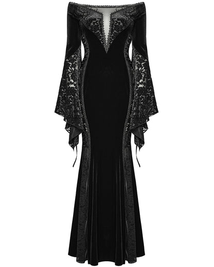 WQ-761LQF Womens Long Gothic Off Shoulder Maxi Dress With Devore Velvet Contrasts