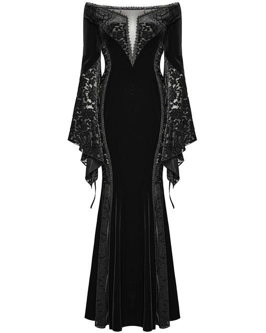 WQ-761LQF Womens Long Gothic Off Shoulder Maxi Dress With Devore Velvet Contrasts