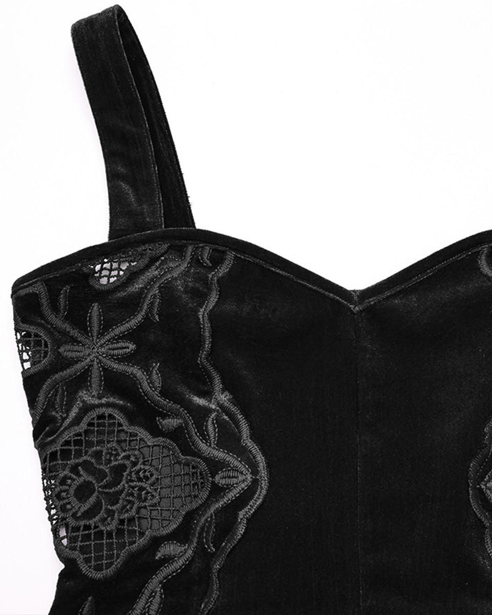 WQ-837LQF Womens Long Gothic Velvet Lace Applique Cutout Dress - Black