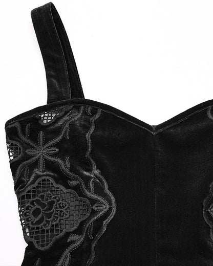 WQ-837LQF Womens Long Gothic Velvet Lace Applique Cutout Dress - Black