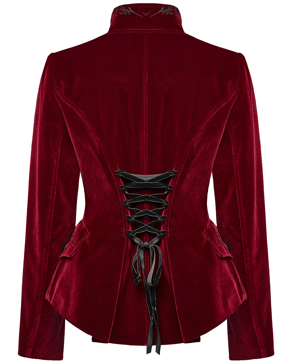 WY-1665XCF Womens Gothic Embroidered Velvet Cutaway Riding Jacket - Red