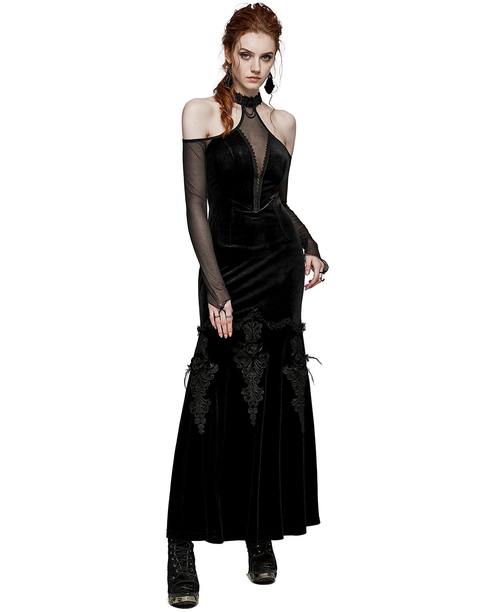 PR-WQ-658DQF-BKF Womens Dark Regency Gothic Velvet & Mesh Evening Dress - Black