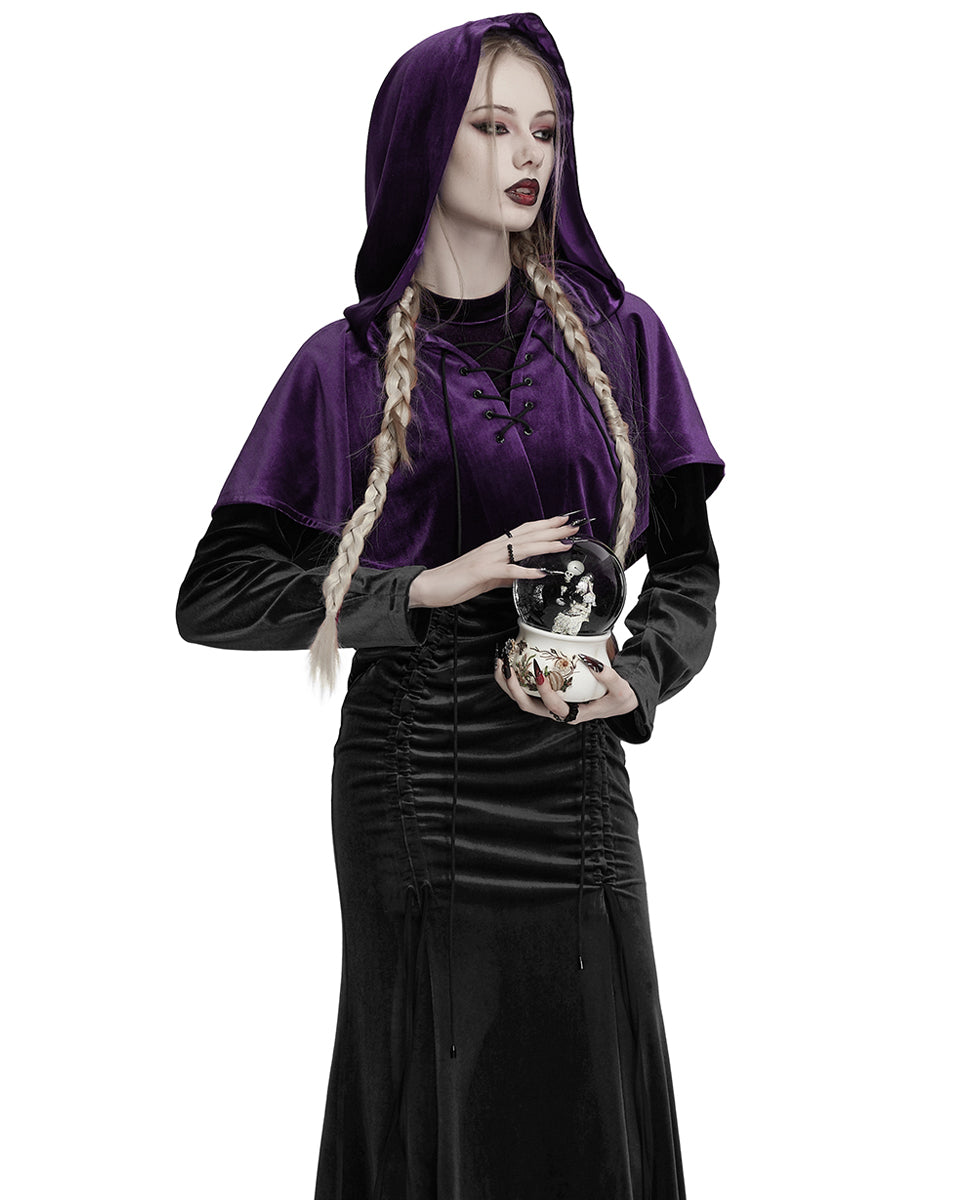 OPY-444DQF Daily Life Womens Velvet Gothic Lolita Hooded Split Tails Bolero Cape - Purple