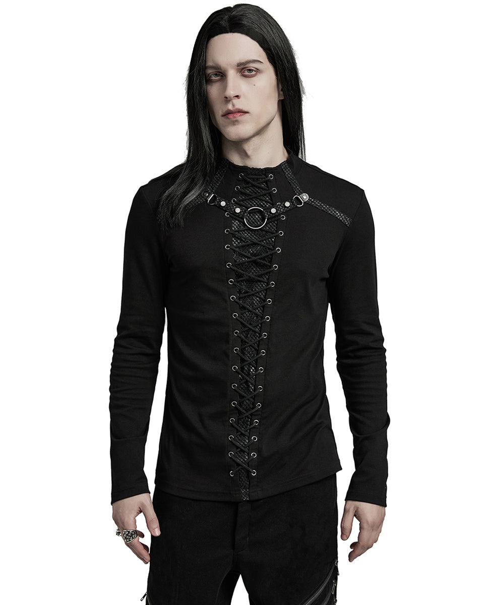 WT-896TCM-BKM Mens Dark Punk Lace-Up Mesh Inset Top - Black