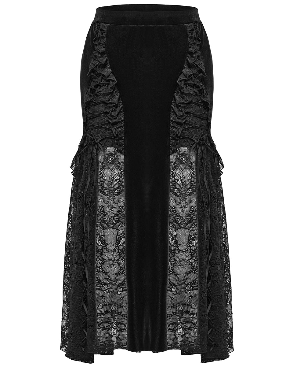 DQ-728BQF Plus Size Womens Long Gothic Velvet & Lace Ruffle Maxi Skirt