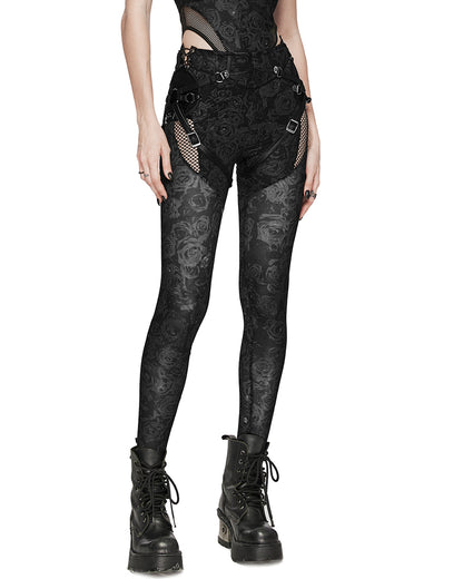 WK-625DDF-BKF Daily Life Dark Punk Rose Mesh Strapping Leggings