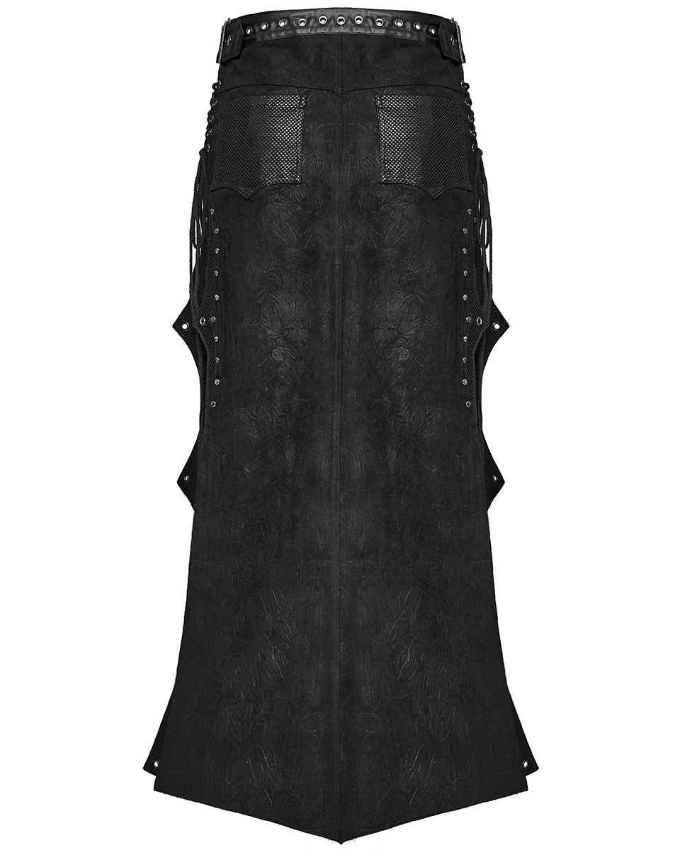 WQ-737BQM-BKM Mens Long Apocalyptic CyberPunk Mesh Contrast Kilt Skirt