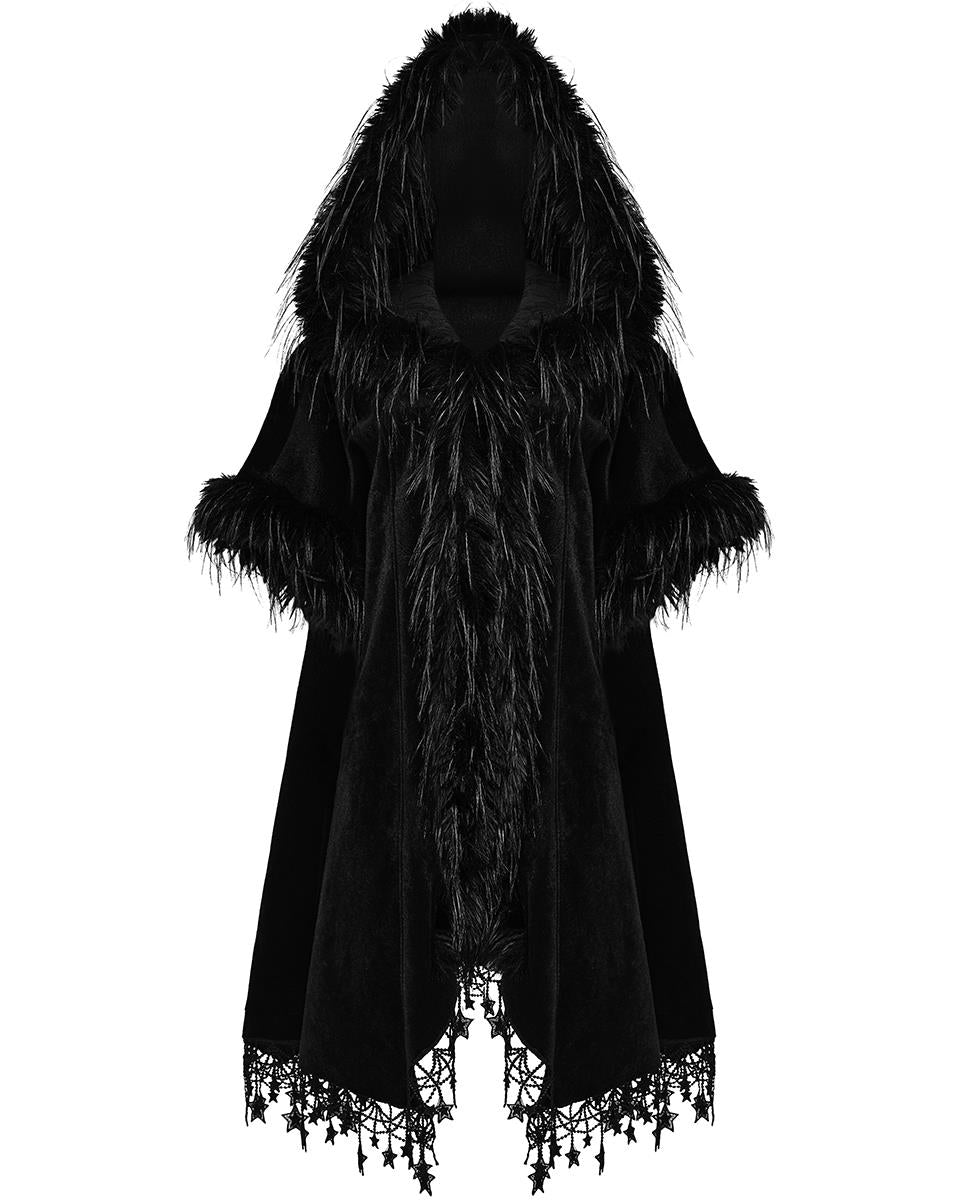 PR-WY-1519DPF-BKF Womens Dark Bohemian Gothic & Faux Fur Hooded Cloak Cape