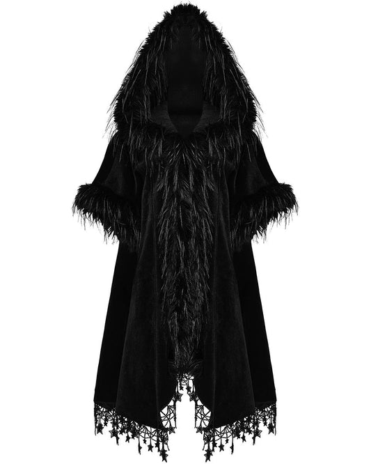 PR-WY-1519DPF-BKF Womens Dark Bohemian Gothic & Faux Fur Hooded Cloak Cape