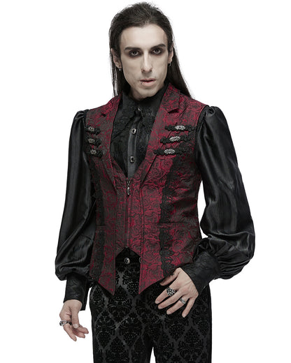 WY-1677MJM-RDM Mens Gothic Jacquard Rose Lace Applique Waistcoat Vest - Red