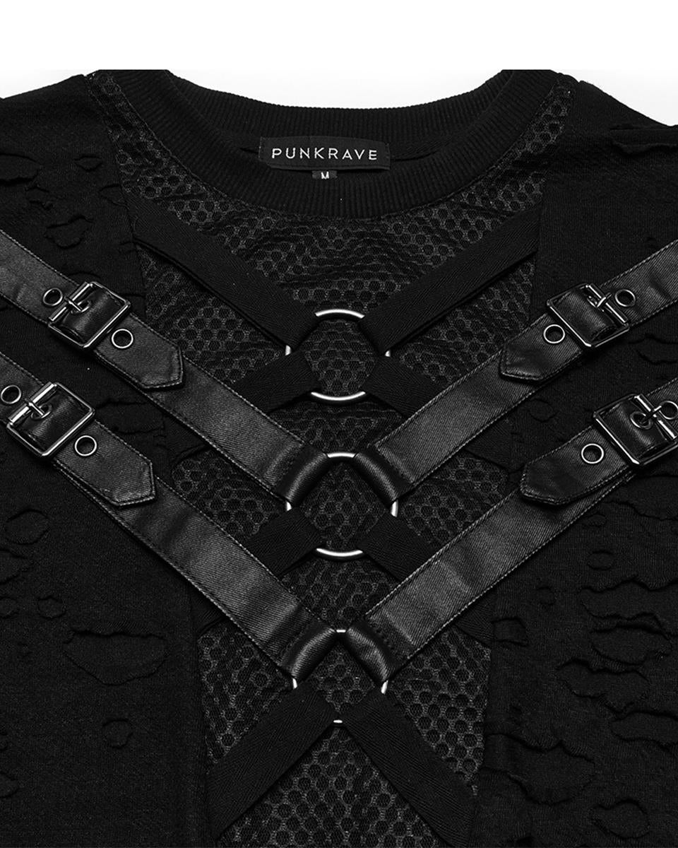 WT-1005TDM-BKM Mens Apocalyptic Gothic Shredded Fishnet Inset T Shirt Top