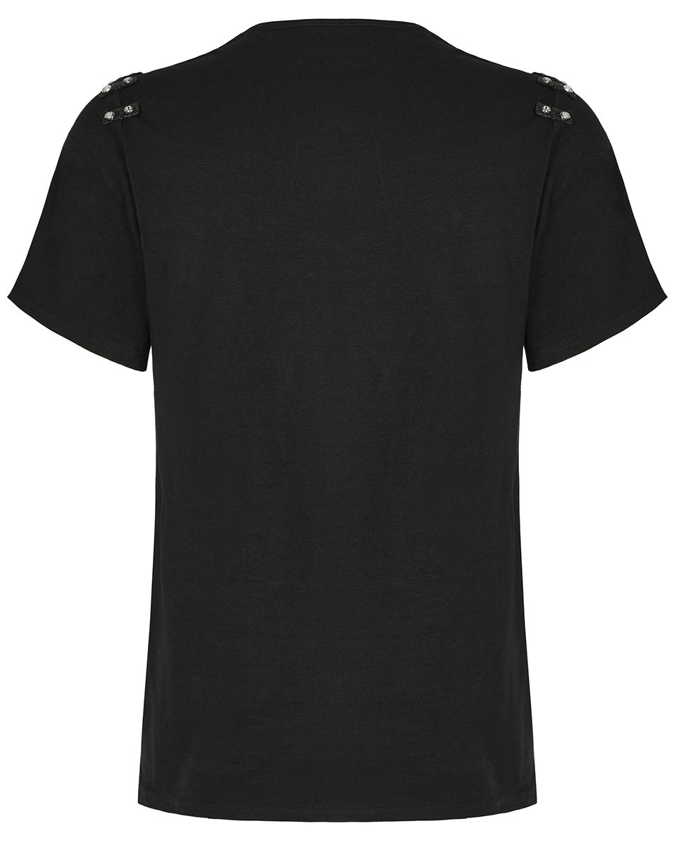 PR-T792-BKM Mens Avant Garde Gothic Studded Drop Collar T Shirt Top