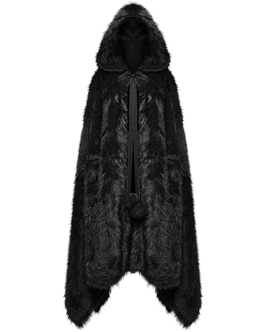 WY-1663DPF Womens Long Gothic Faux Fur Asymmetric Hooded Winter Cloak - Black