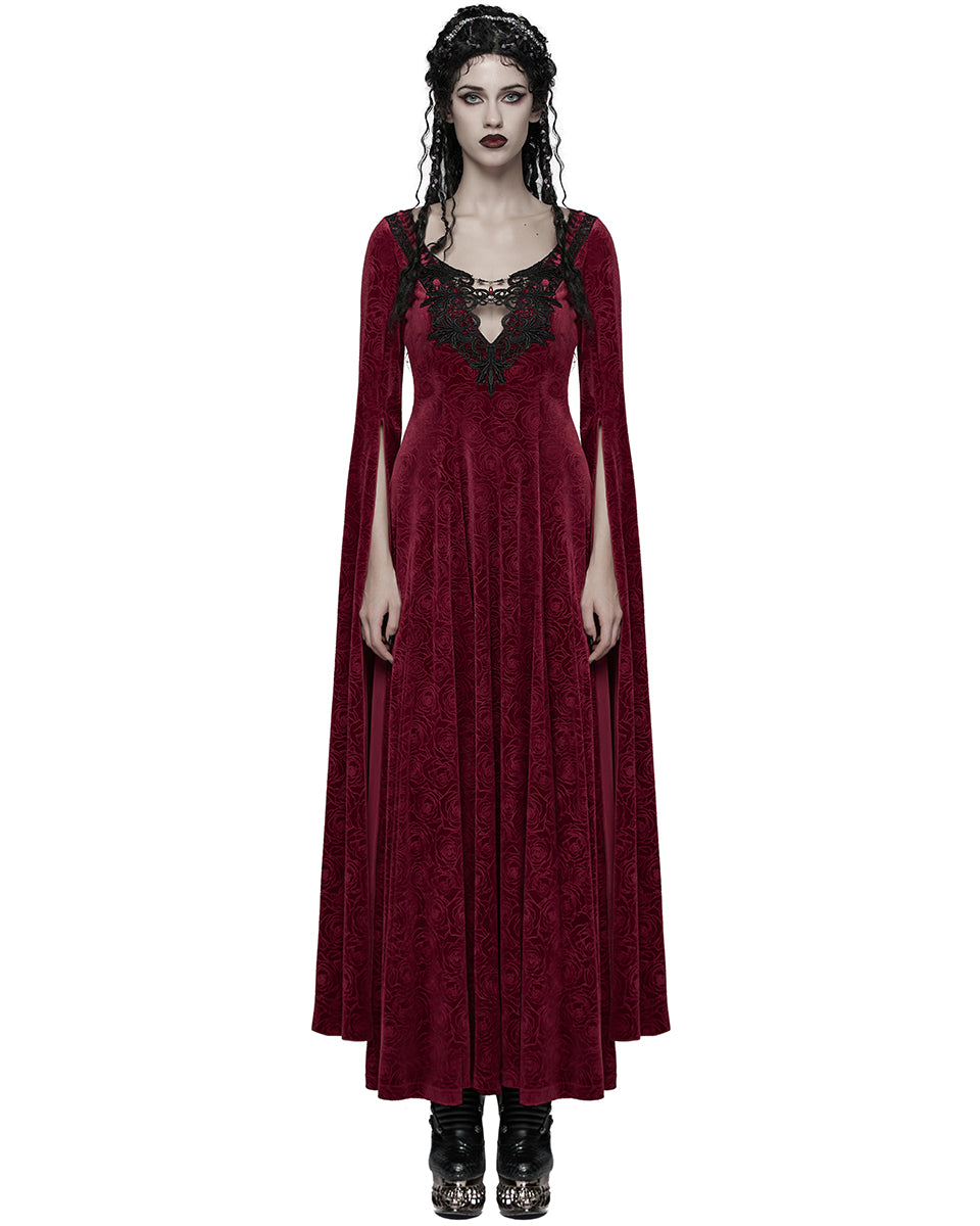 WQ-896LQF Womens Long Gothic Rose Velvet Flared Split Sleeve Maxi Dress - Red