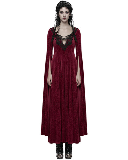 WQ-896LQF Womens Long Gothic Rose Velvet Flared Split Sleeve Maxi Dress - Red
