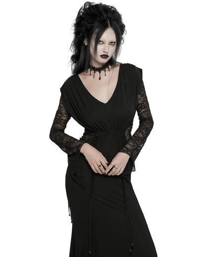 WQ-759LQF Womens Long Gothic Lace Sleeves Ruched Maxi Dress