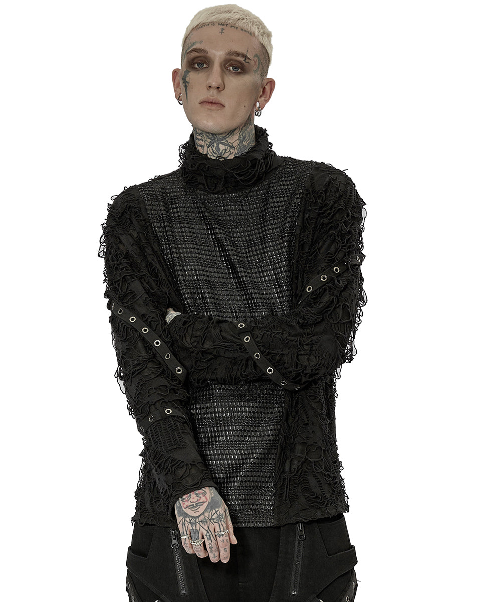 Punk Rave Mens Dystopian Cyberpunk Shredded Mesh Panelling Top